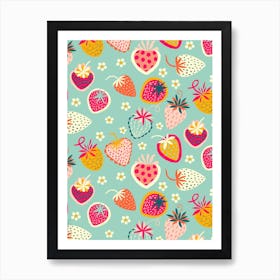 Freshly Picked Strawberries Light Blue Art Print