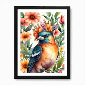 Watercolor Bird With Flowers Art Print