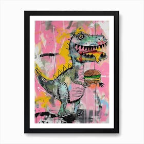 Dinosaur Eating A Hamburger Pink Blue Graffiti Style 1 Art Print