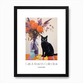 Cats & Flowers Collection Lavender Flower Vase And A Cat, A Painting In The Style Of Matisse 1 Art Print