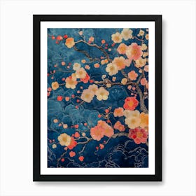 Elegant Japanese Koi Fish Illustration with Vibrant Botanical Accents Art Print