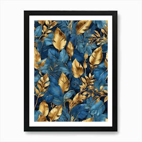 Blue And Gold Tropical Leaves Art Print 1 Art Print