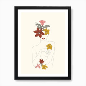 Colorful Thoughts Minimal Line Art Woman With Flowers IV Art Print