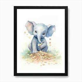 Elephant Painting Collecting Coins Watercolour 1 Art Print