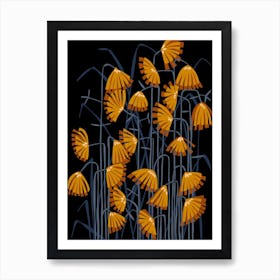 Linocut Flower Meadow Mustard Black Art Print