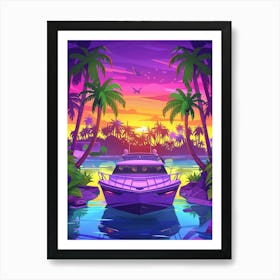 Tropical Boat At Sunset Art Print