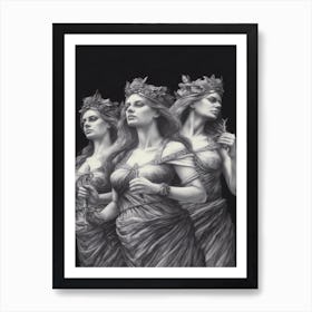 Three Muses, Greek Mythology B&W Drawing Art Print