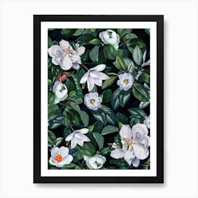 Lush Midnight Magnolia Flowers Garden Art Print