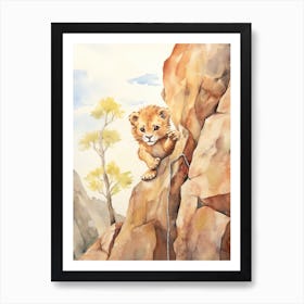 Rock Climbing Watercolour Lion Art Painting 2 Art Print