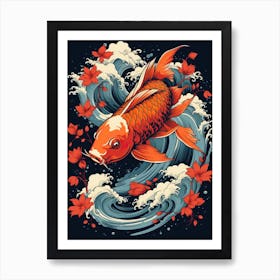 Koi Fish Animal Drawing In The Style Of Ukiyo E 2 Art Print