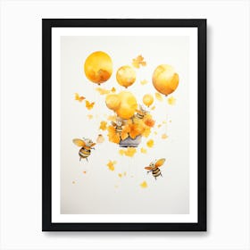 Bee Flying With Autumn Fall Pumpkins And Balloons Watercolour Nursery 1 Poster