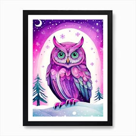 Pink Owl Snowy Landscape Painting (211) Art Print