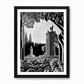 Vigeland Sculpture Park, 1, Norway Linocut Black And White Vintage Art Print