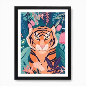 Tiger Portrait With Florals On Green Art Print