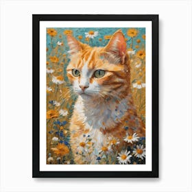 Klimt Style Ginger Tuxedo Orange Tabby Cat in Colorful Garden Flowers Meadow Gold Leaf Painting - Gustav Klimt and Monet Inspired Textured Acrylic Palette Knife Art Daisies Poppies Amongst Wildflowers Beautiful HD High Resolution Art Print