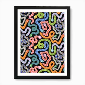 Happy Snakes Black - Bright Rainbow Textured Snakes Kids Art Print