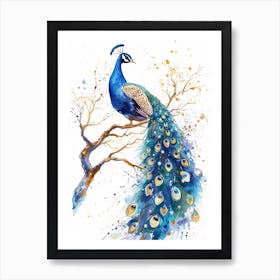 Watercolour Peacock On The Tree Branch 1 Art Print