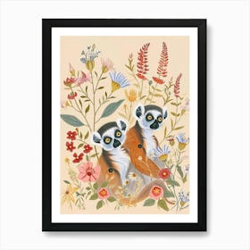 Folksy Floral Animal Drawing Lemur Art Print