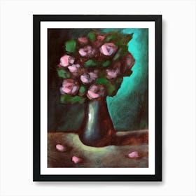 Peonies In A Vase - floral flowers vertical teal Anton Maliar impressionism classical Art Print