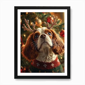 King Charles Spaniel In Christmas Jumper And Santa Hat Art Print