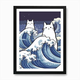 Hokusai Great Wave Cats Kawaii Cartoon Art Print