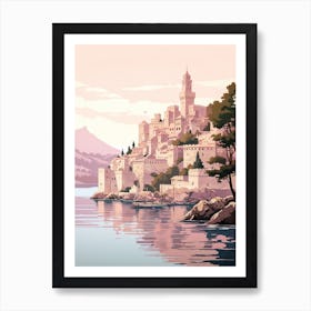 Korcula Croatia 3 Vintage Pink Travel Illustration Art Print