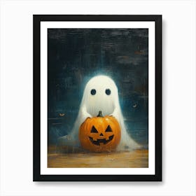 Oil Painting Of A Cute Ghost Holding A Jack O’ Lantern, Spooky Festive Art Print