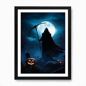 Sinister Reaper Silhouetted Against A Full Moon On Halloween Night Draped In A Tattered Black Cloak (4) Art Print