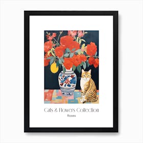 Cats & Flowers Collection Rose Flower Vase And A Cat, A Painting In The Style Of Matisse 11 Art Print