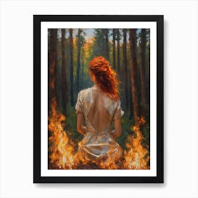 The Unburnt - Beautiful Red Haired Woman in a Fiery Forest, She Does Not Burn - Powerful Witchy Art Print Pagan Red Headed Witch Celtic Painting Fire Element Art Print