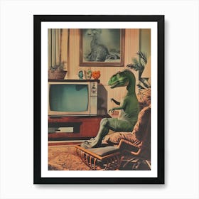 Retro Collage Dinosaur Watching Tv 1 Art Print