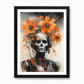 Robot Abstract Orange Flowers Painting (21) Art Print