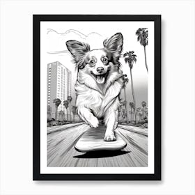 Papillon Dog Skateboarding Line Art 2 Art Print