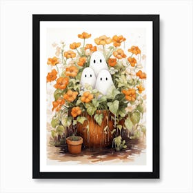 Cute Bedsheet Ghost, Botanical Halloween Watercolour 102 Art Print