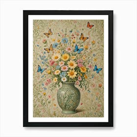 Flowers In A Vase And Butterflies Art Print