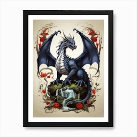 Dragon With Roses Art Print