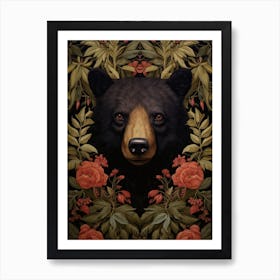 Black Bear Portrait With Rustic Flowers 1 Art Print