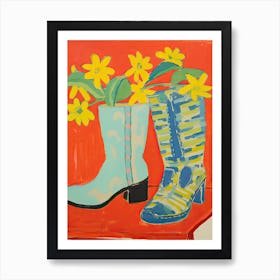 Painting Of Yellow Flowers And Cowboy Boots, Oil Style  1 Art Print