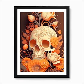 Skull With Intricate Linework Orange Vintage Floral Art Print