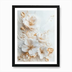 White Flowers With Gold Leaves Art Print