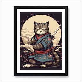 Cute Samurai Cat In The Style Of William Morris 8 Art Print