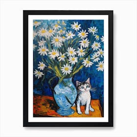 Still Life Of Daisies With A Cat 1 Art Print