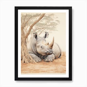 Rhino Lying Under The Tree Detailed Illustration 3 Art Print