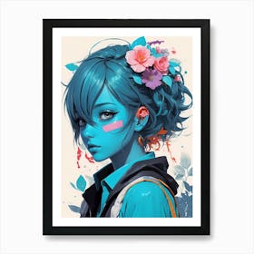 Anime Girl With Flowers Art Print