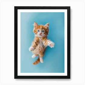 Cute Kitten Jumping On Blue Background Art Print