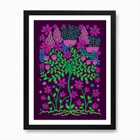 FLOWER BURST Vintage Cottage Floral Botanical in Pink Purple Kelly Green on Deep Purple Art Print