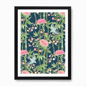 Bamboo Birds And Blossoms On Deep Teal Art Print