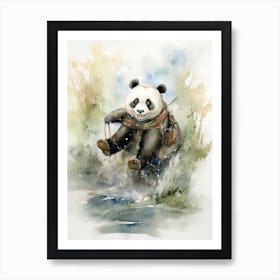 Panda Art Horseback Riding Watercolour 1 Art Print