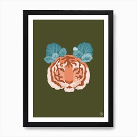 Tiger And Saxifraga On Olive Green Art Print