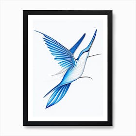 Hummingbird Symbol 3 Blue And White Line Drawing Art Print